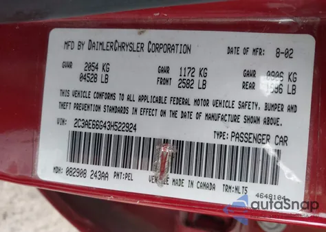 2003 Chrysler 300M из США, поврежденный, VIN 2C3AE66G43H522924